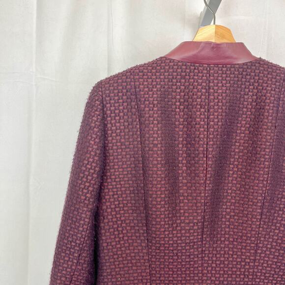 LAFAYETTE 148 Tweed Jacket Blazer Jacket Wool blend Leather Trim Wine Red Size 4 - Picture 8 of 11